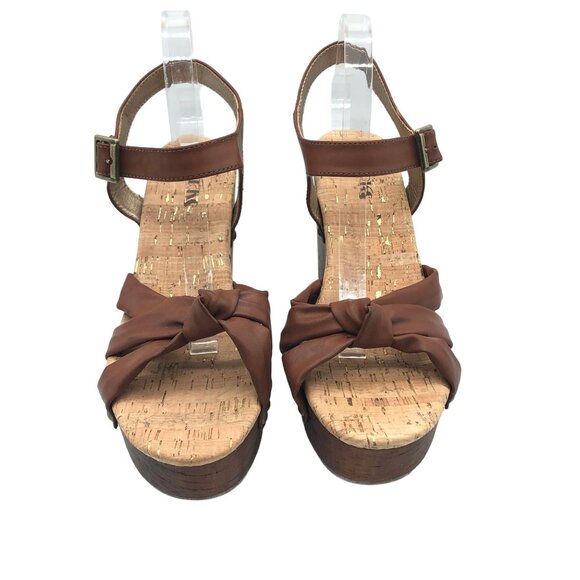 Korks Brown Cork Dawson Wedge Sandals Ankle Strap & Bow Faux Leather 11 M - Picture 2 of 7